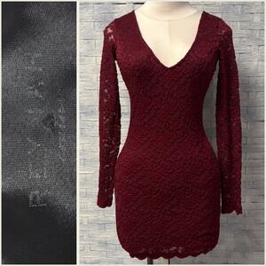 Reynah Couture Long Sleeve Lace Bodycon‎ Mini Dress Burgandy Small